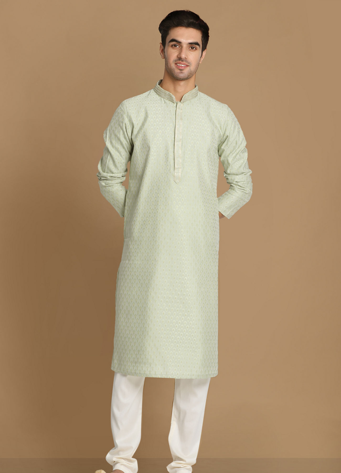 Manyavar Men Aqua Green Jaquard Kurta Pajama