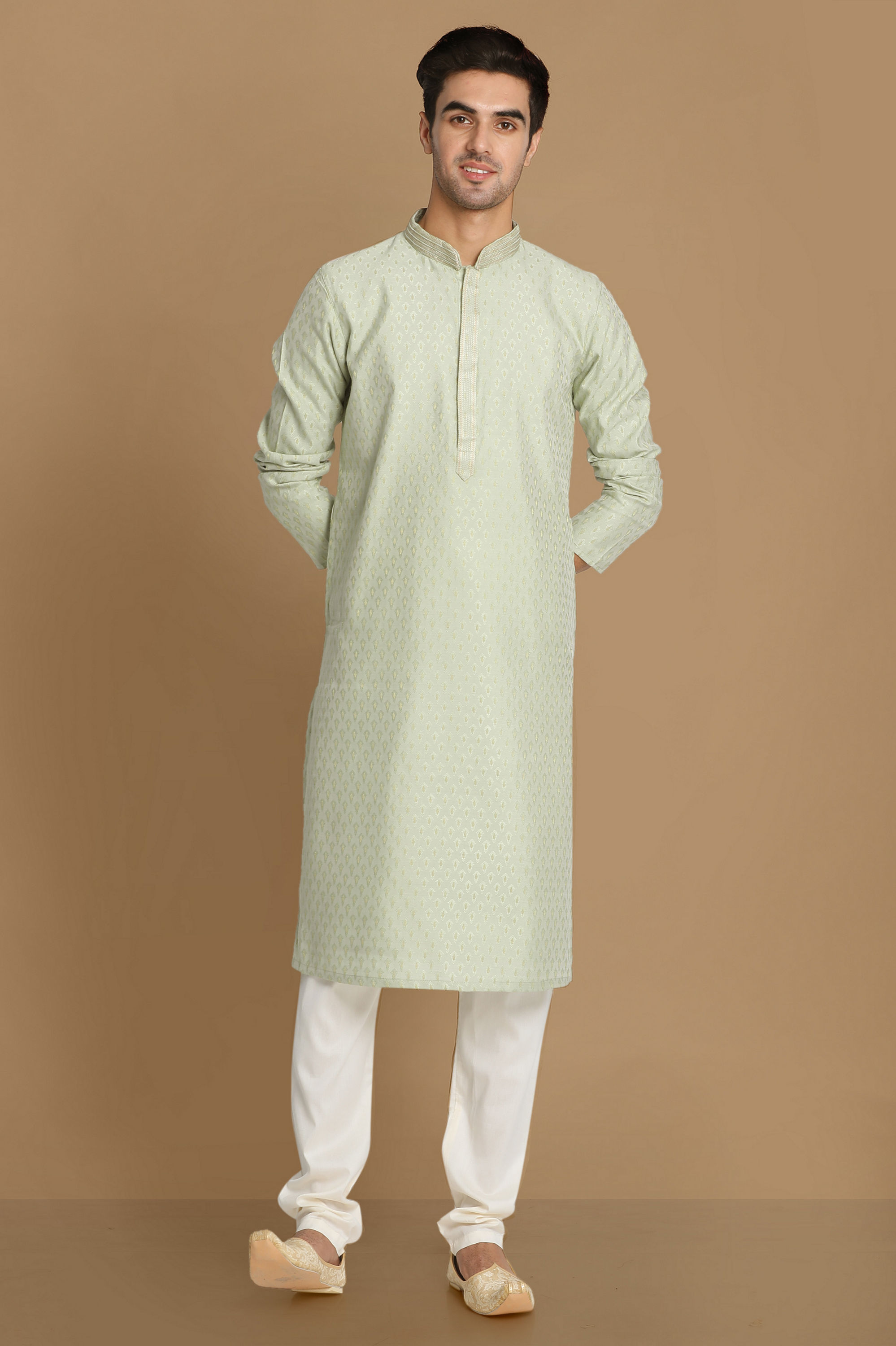 Manyavar Men Aqua Green Jaquard Kurta Pajama