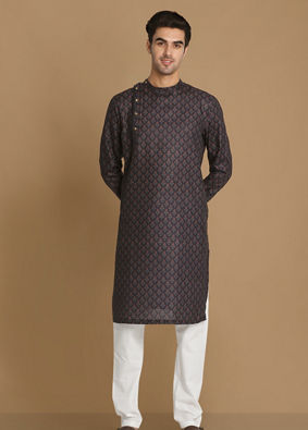 alt message - Manyavar Men Dark Blue Printed Kurta image number 1