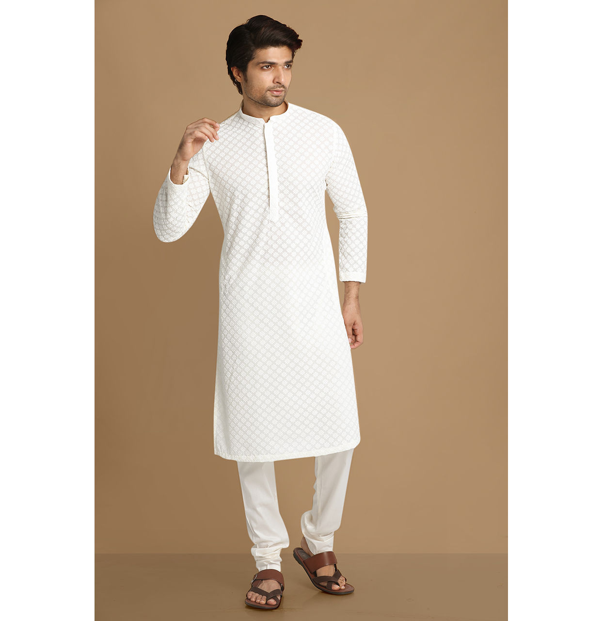 Kurta Pajama for Men - Buy Sea Shell White Embroidered Kurta ...