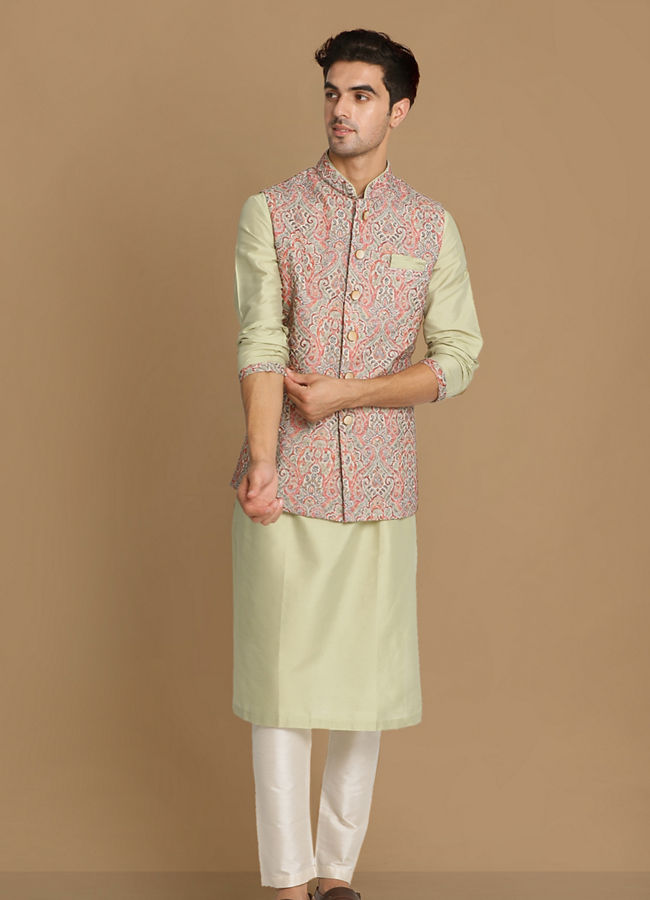 Manyavar Men Multicolored Jacket With Lime Green Kurta Set image number 1