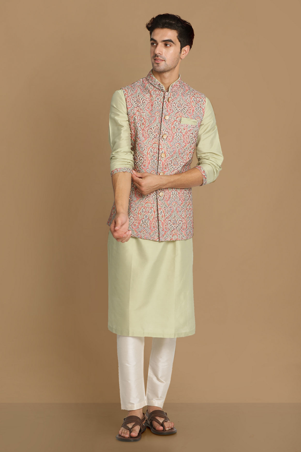 Manyavar Men Multicolored Jacket With Lime Green Kurta Set image number 1