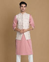 alt message - Manyavar Men Cream And Pink Kurta Jacket Set image number 1