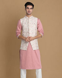 Manyavar Men Cream And Pink Kurta Jacket Set