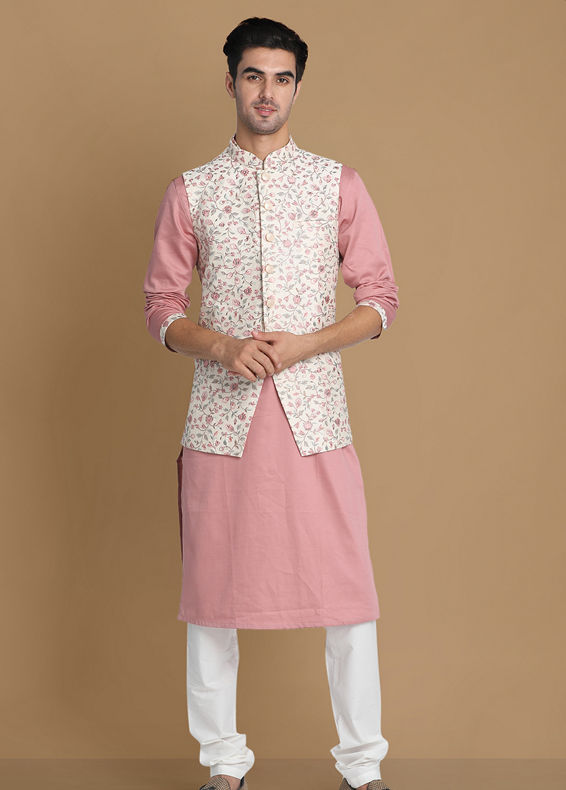 Manyavar Men Cream And Pink Kurta Jacket Set