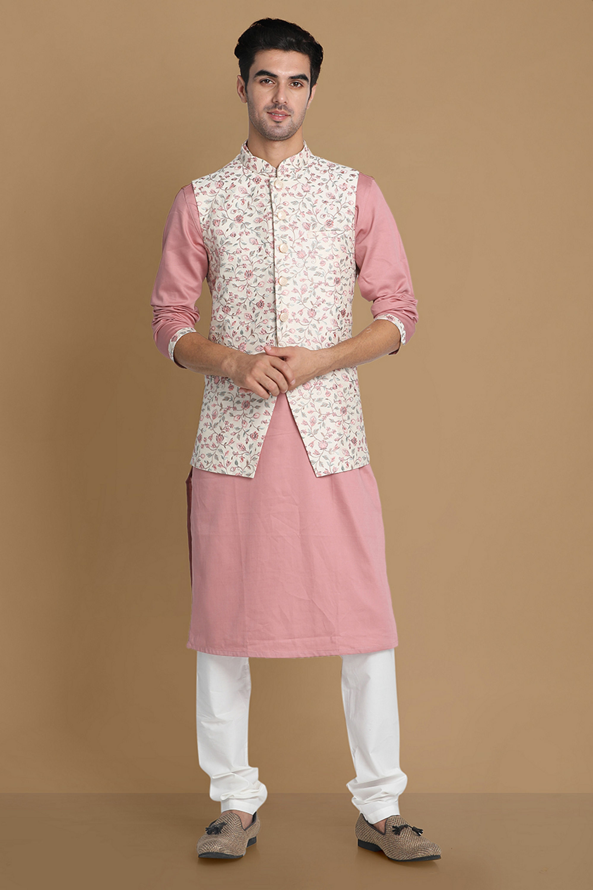 Manyavar Men Cream And Pink Kurta Jacket Set