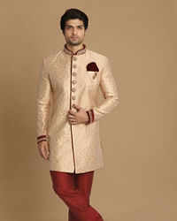 Manyavar Men Fashionable Fawn Indo Western Set