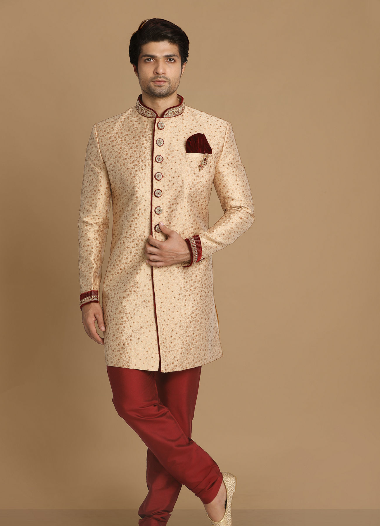 Manyavar Men Fashionable Fawn Indo Western Set