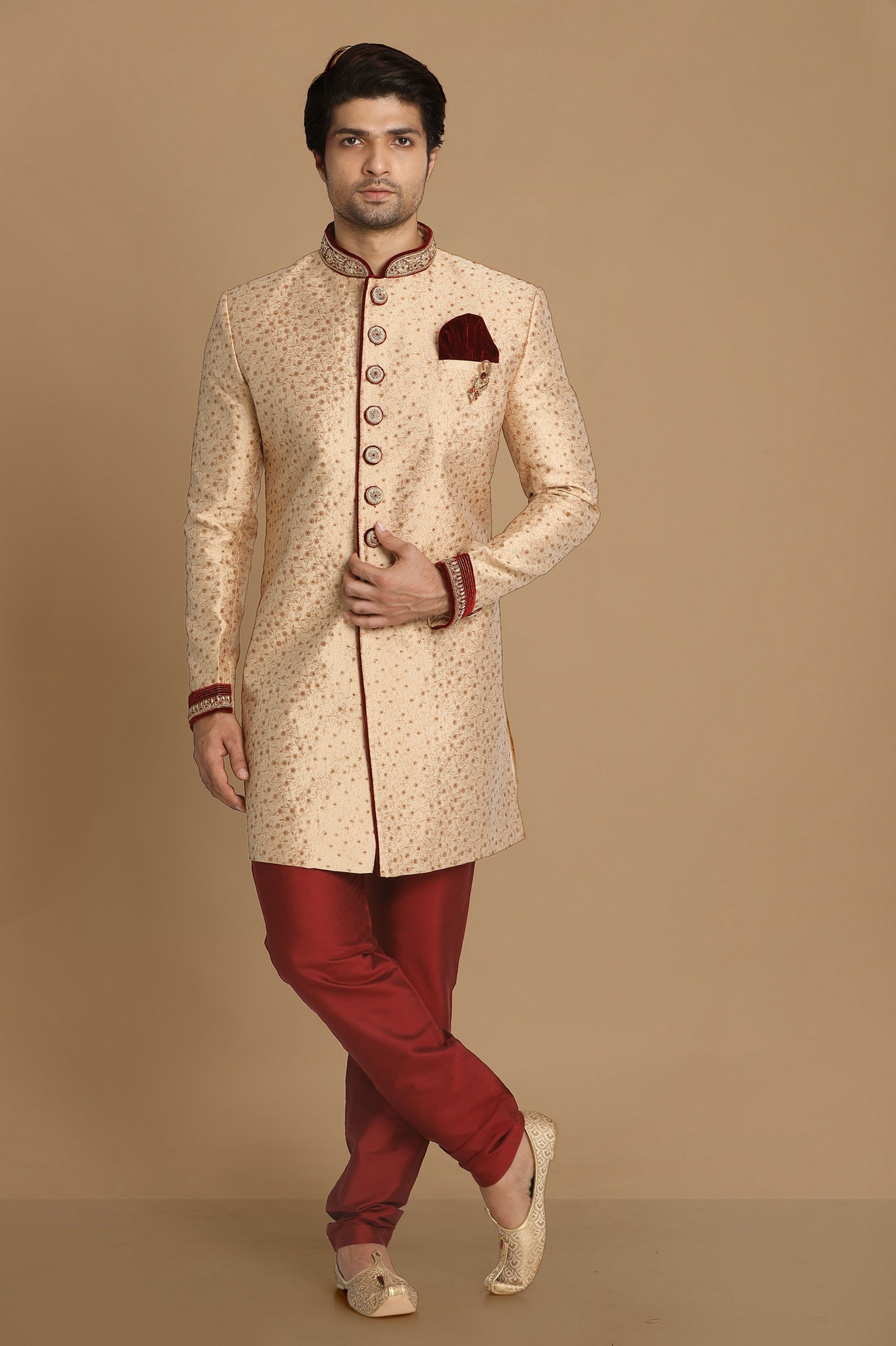 Manyavar Men Fashionable Fawn Indo Western Set