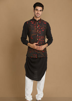 alt message - Manyavar Men Dark Blue Cherry Blossom Kurta Jacket image number 1