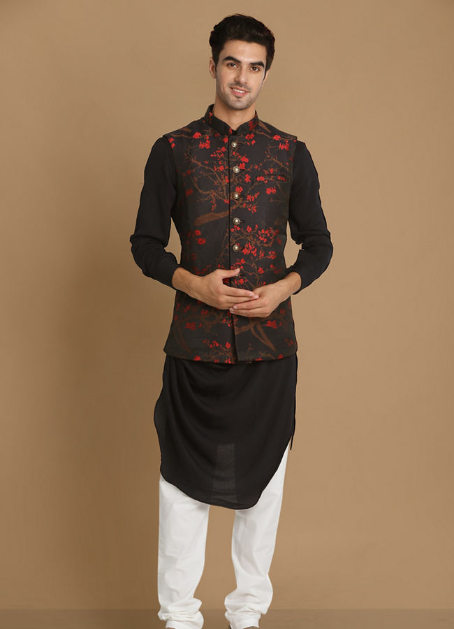 Manyavar Men Dark Blue Cherry Blossom Kurta Jacket image number 1