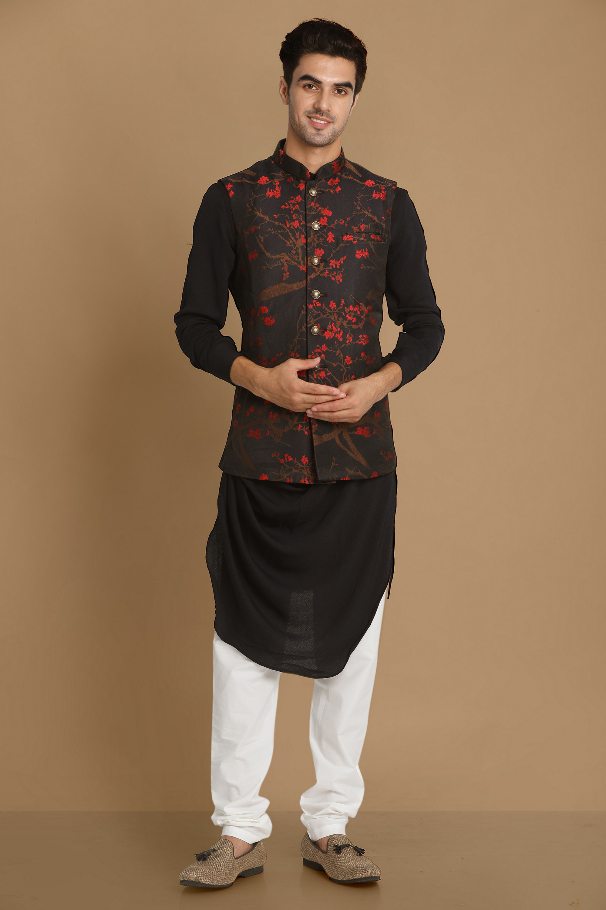 Manyavar Men Dark Blue Cherry Blossom Kurta Jacket