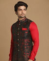 alt message - Manyavar Men Mesmerizing Red And Blue Kurta Jacket Set image number 0