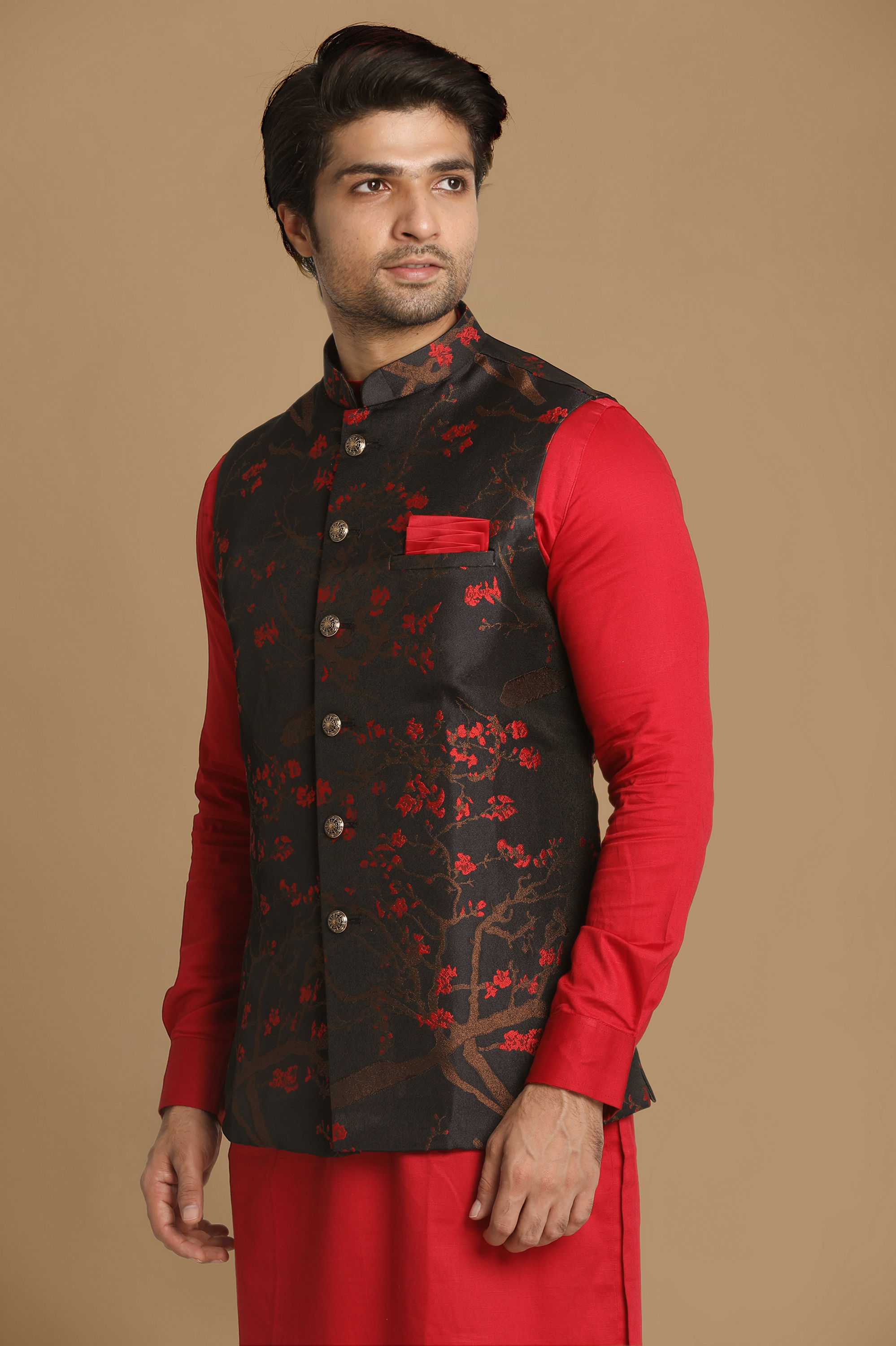 Manyavar Men Mesmerizing Red And Blue Kurta Jacket Set