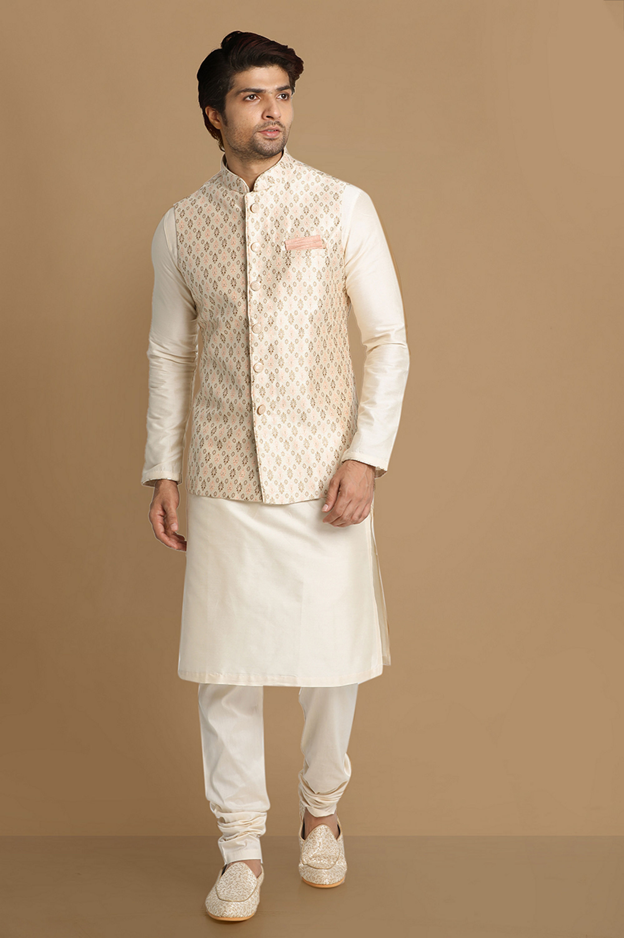 Manyavar Men Ivory Festive Kurta Jacket With Printed Motifs