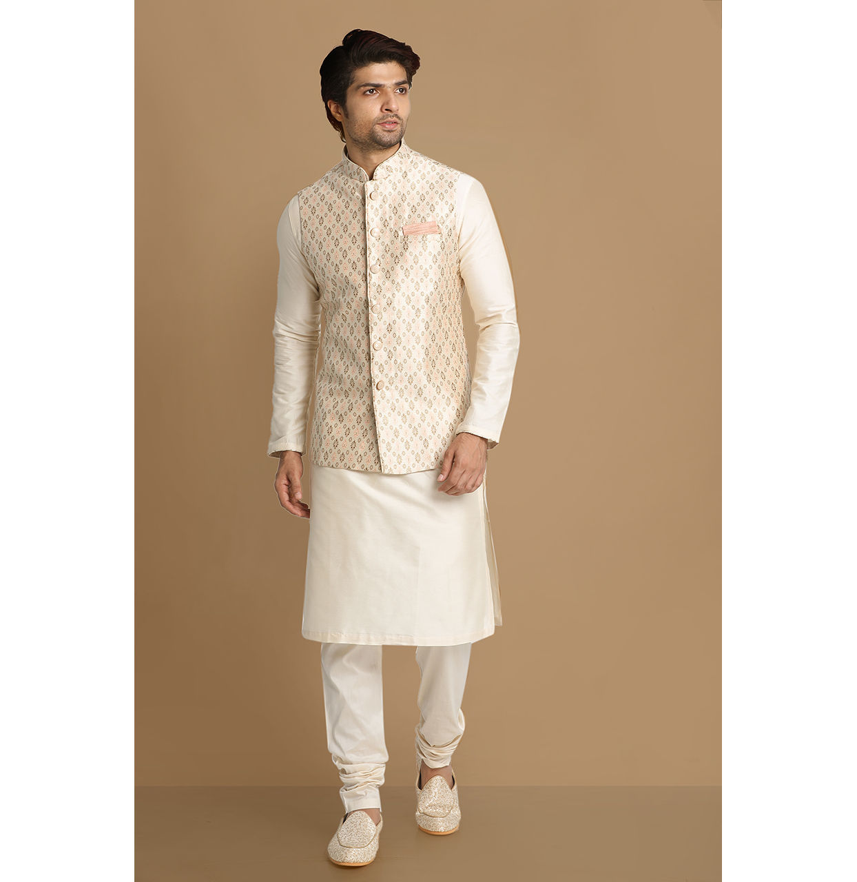 Manyavar Men Ivory Festive Kurta Jacket With Printed Motifs