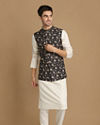 alt message - Manyavar Men Floral Print Blue Jacket With White Kurta Pajama image number 1