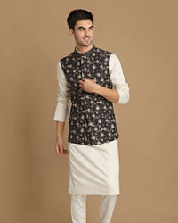 Manyavar Men Floral Print Blue Jacket With White Kurta Pajama