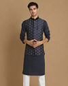 alt message - Manyavar Men Denim Blue Festive Kurta Jacket With White Pajama image number 1