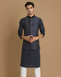 Manyavar Men Denim Blue Festive Kurta Jacket With White Pajama