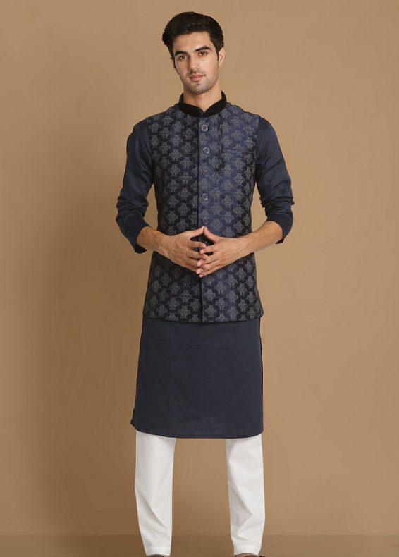 Manyavar Men Denim Blue Festive Kurta Jacket With White Pajama