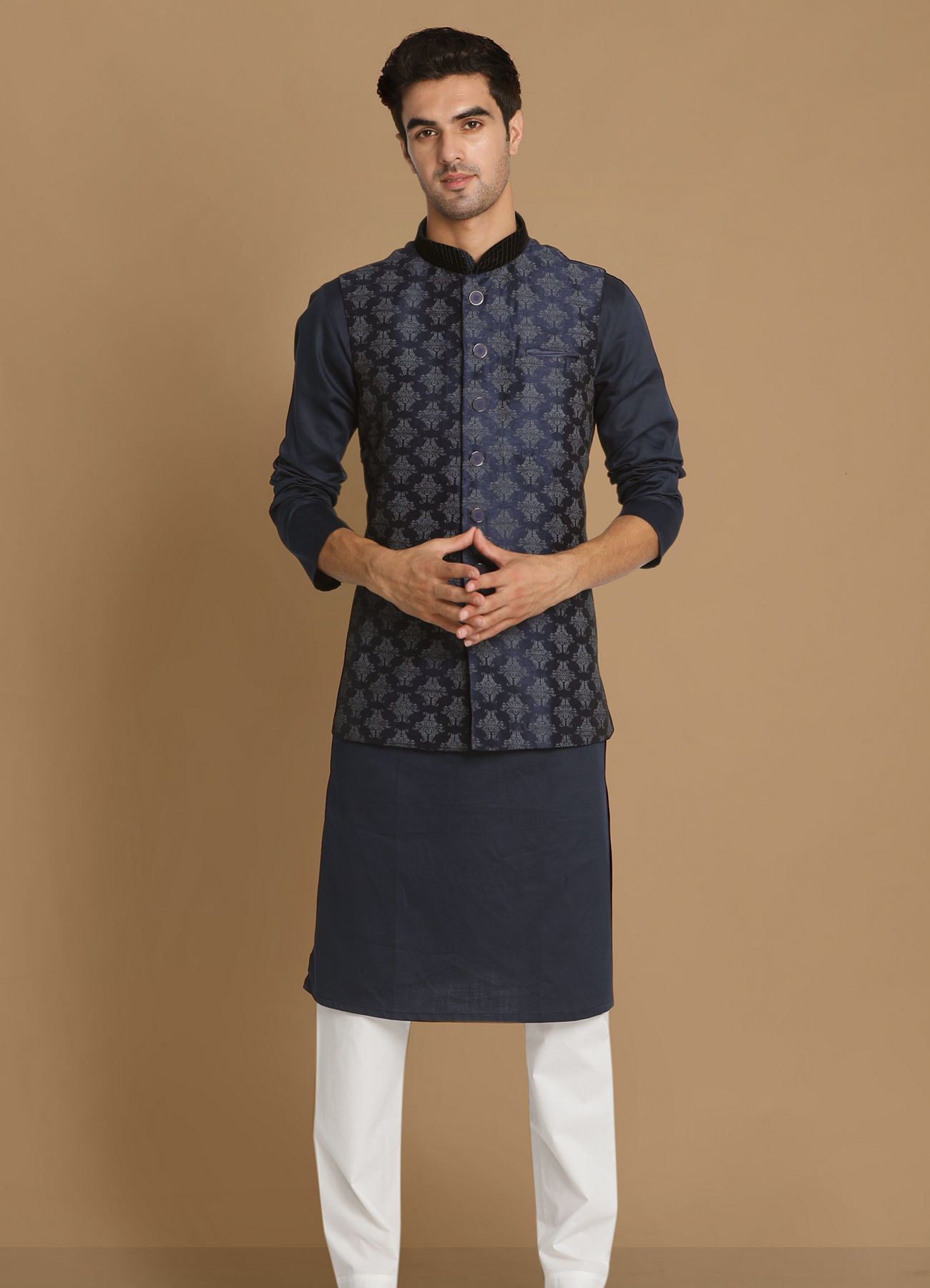 Manyavar Men Denim Blue Festive Kurta Jacket With White Pajama