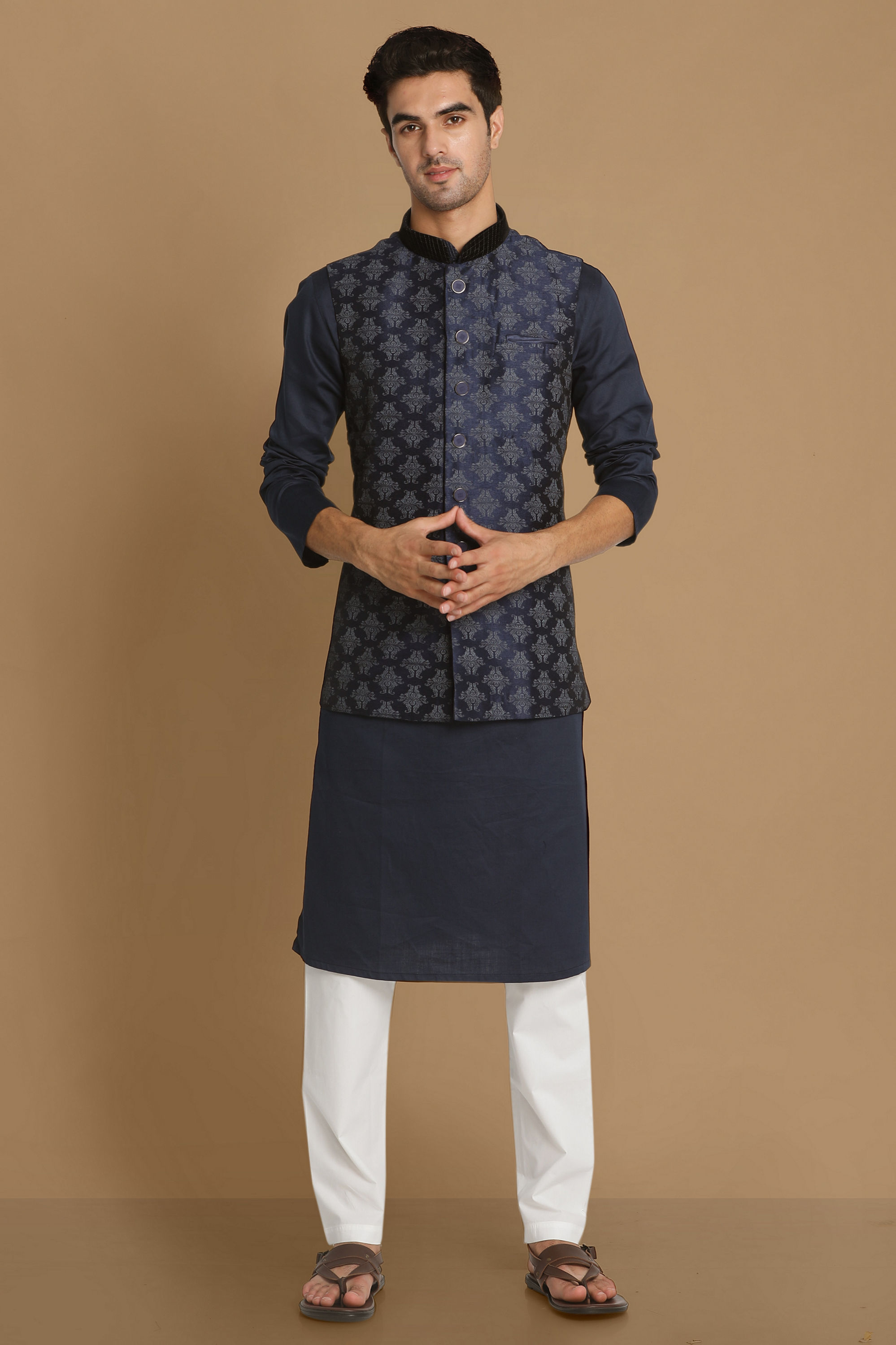 Manyavar Men Denim Blue Festive Kurta Jacket With White Pajama