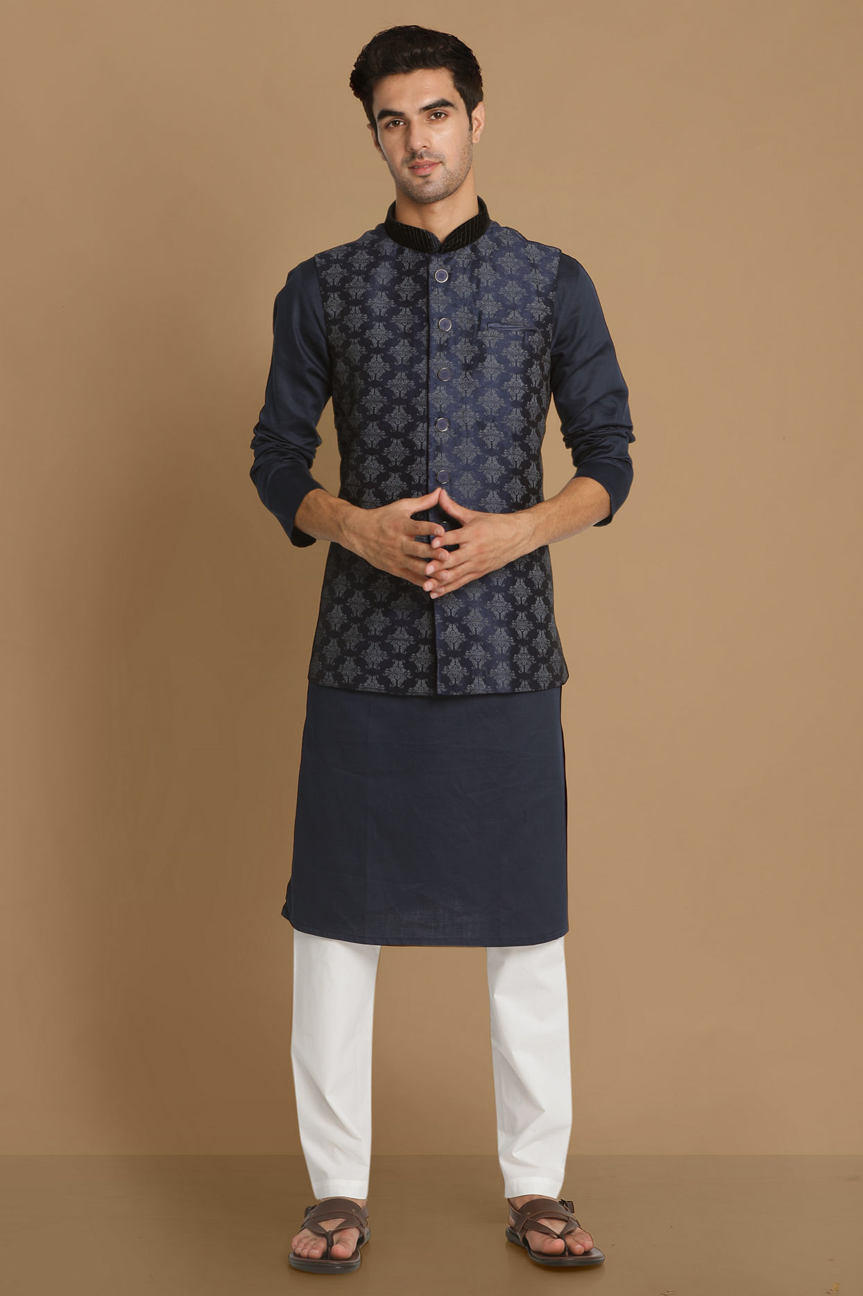 alt message - Manyavar Men Denim Blue Festive Kurta Jacket With White Pajama image number 1