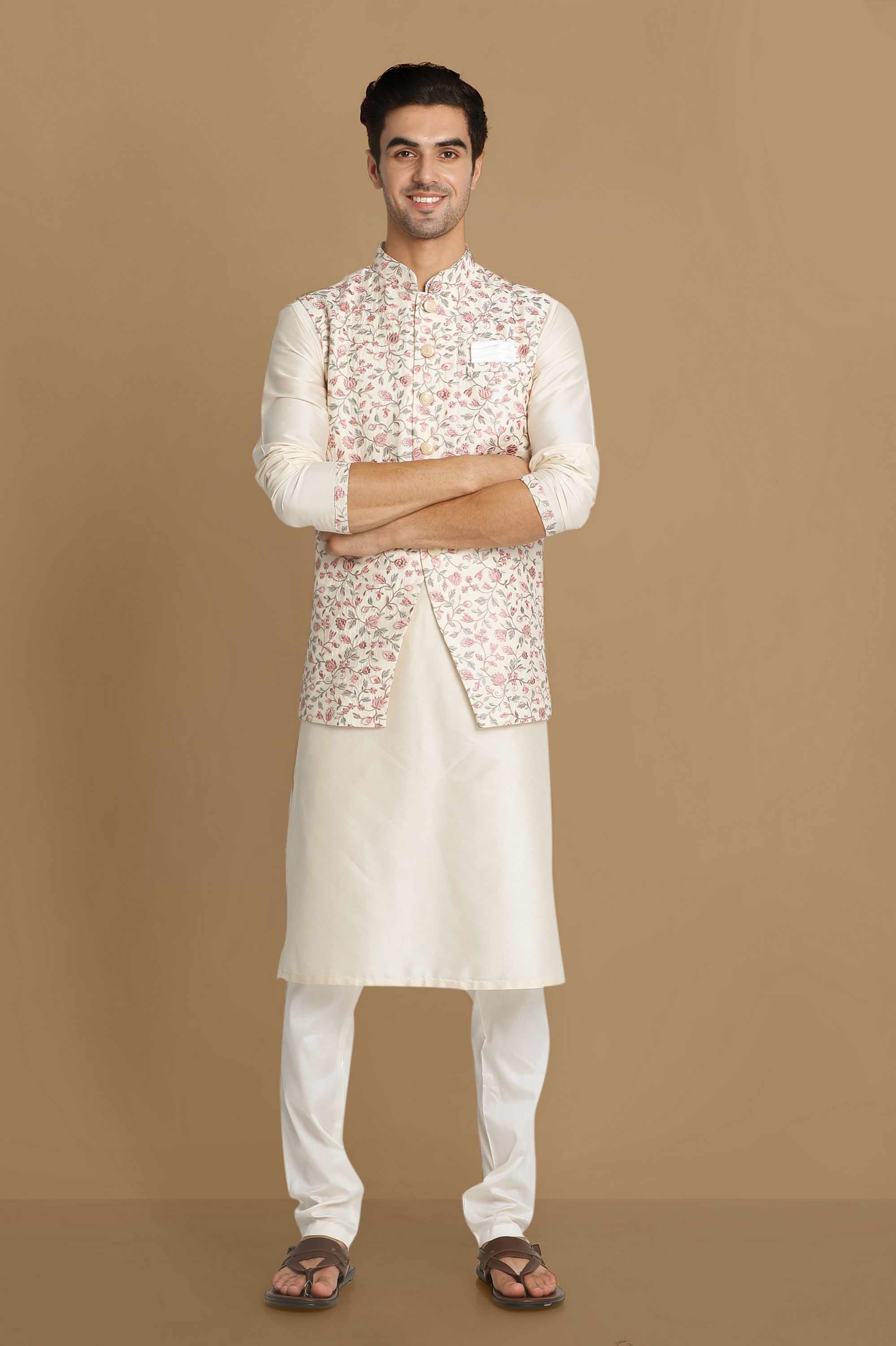 Manyavar Men Classic Floral Print Jacket Kurta Set