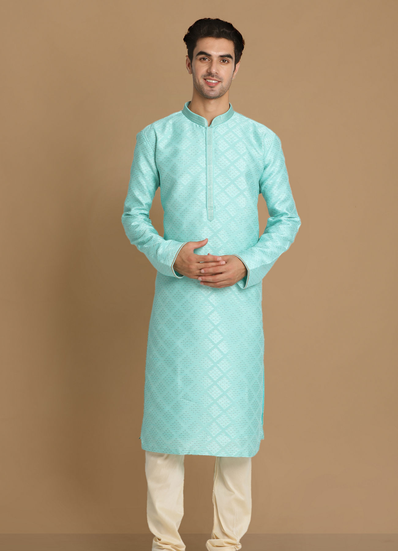 Manyavar Men Sea Green Jaquard Kurta Set