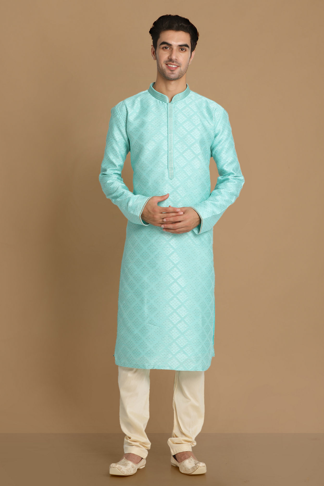 Manyavar Men Sea Green Jaquard Kurta Set