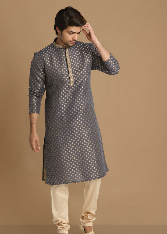 Manyavar Men Indigo Blue Booti Work Kurta Set