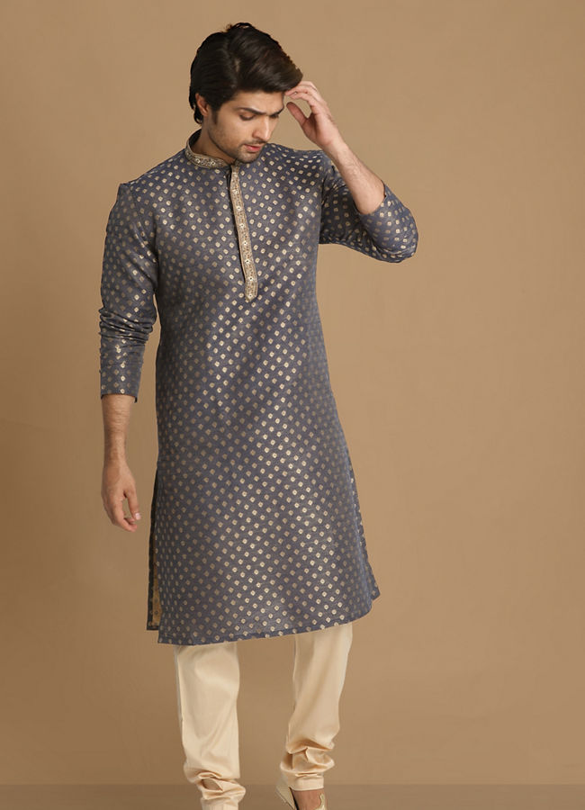 Manyavar Men Indigo Blue Booti Work Kurta Set image number 1