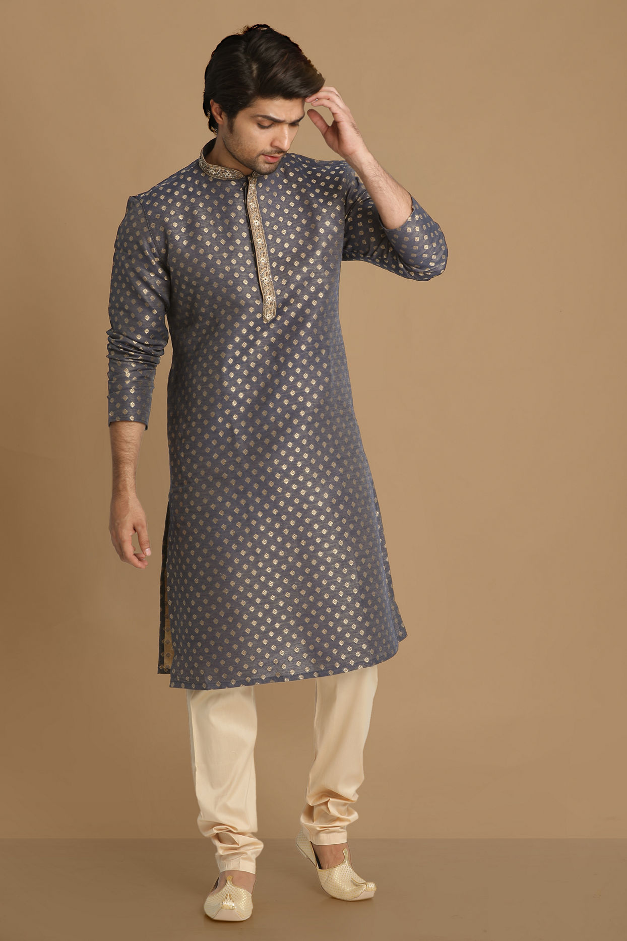 Manyavar Men Indigo Blue Booti Work Kurta Set image number 1