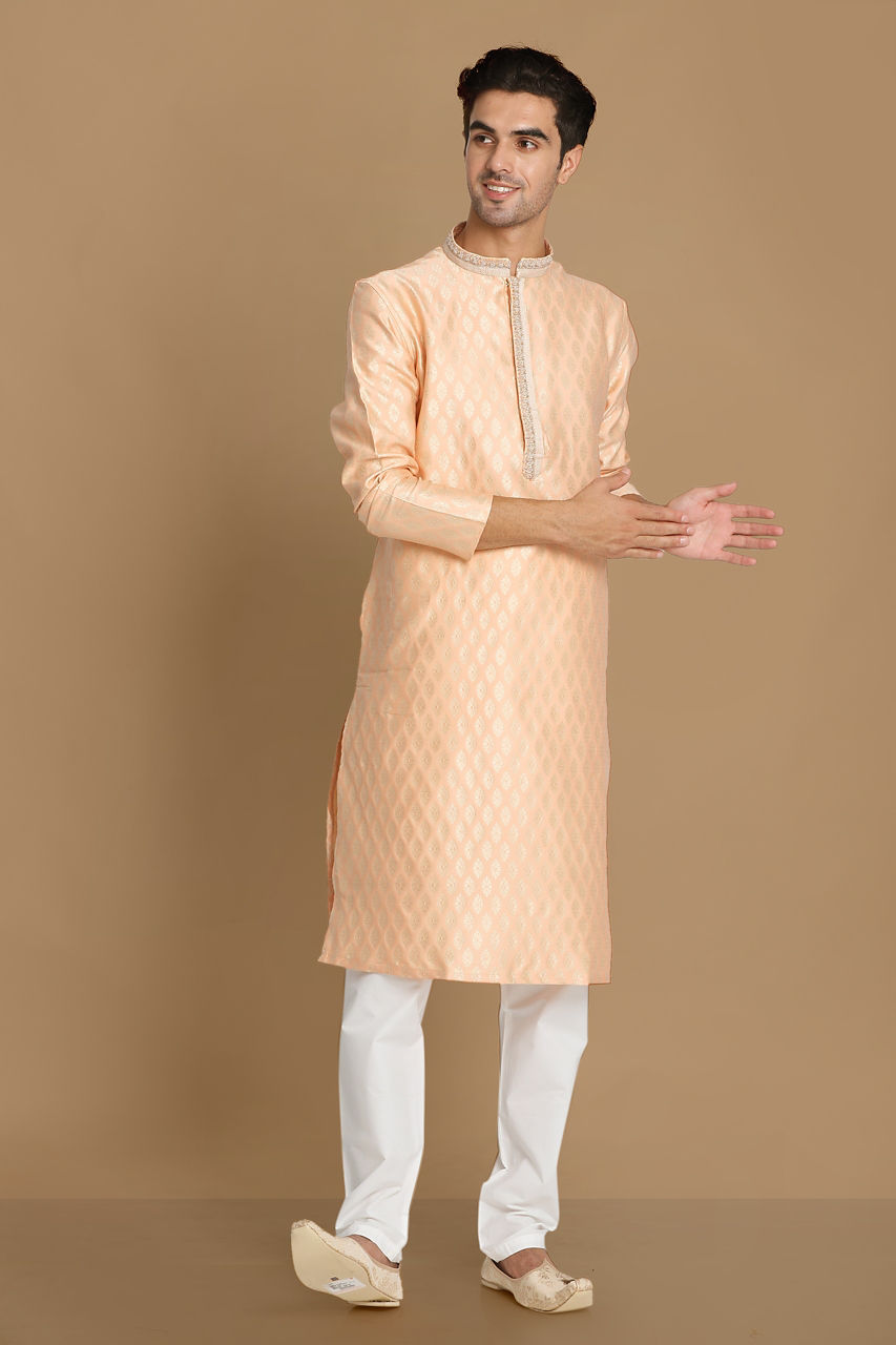 Manyavar Men Light Peach Self Motif Kurta Set