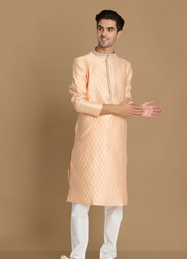 Manyavar Men Light Peach Self Motif Kurta Set image number 1