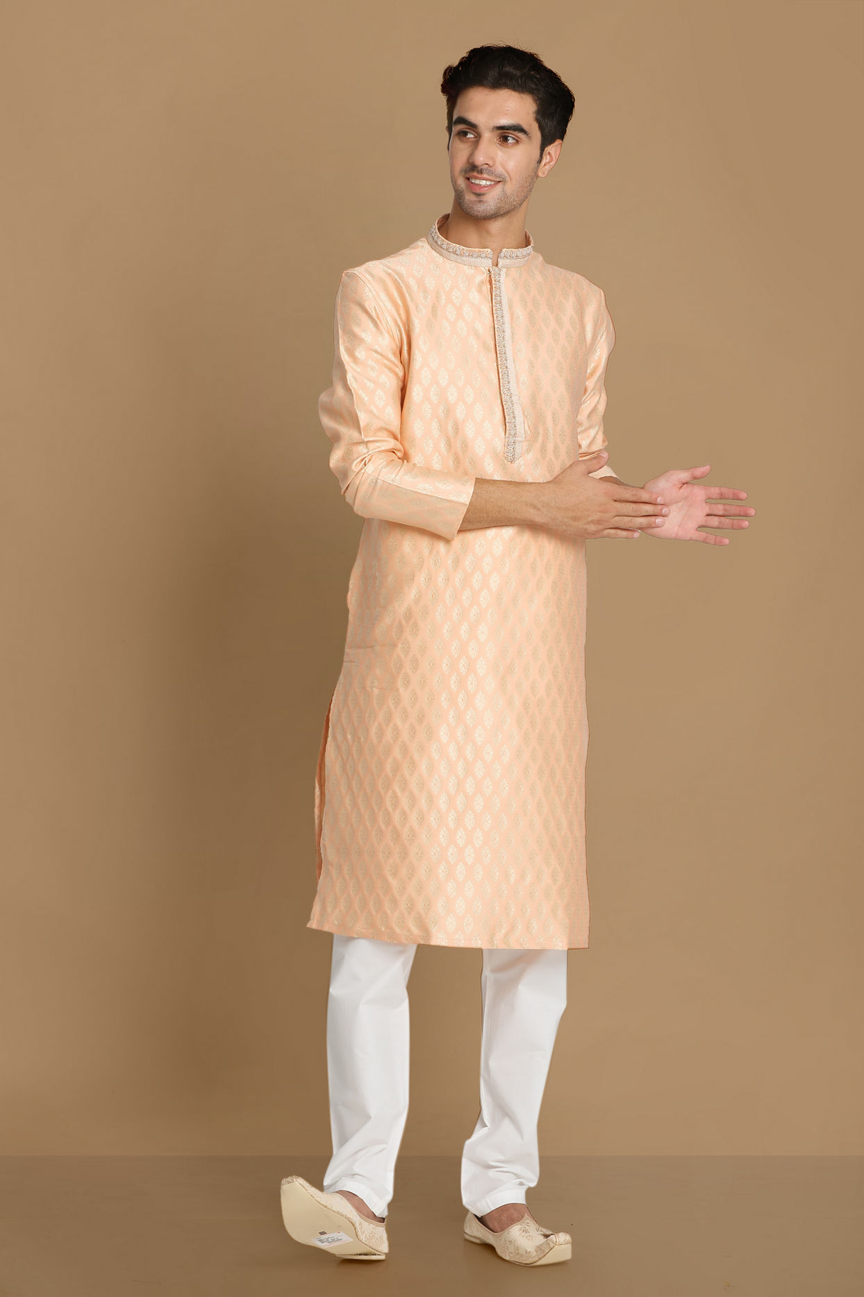 Manyavar Men Light Peach Self Motif Kurta Set image number 1