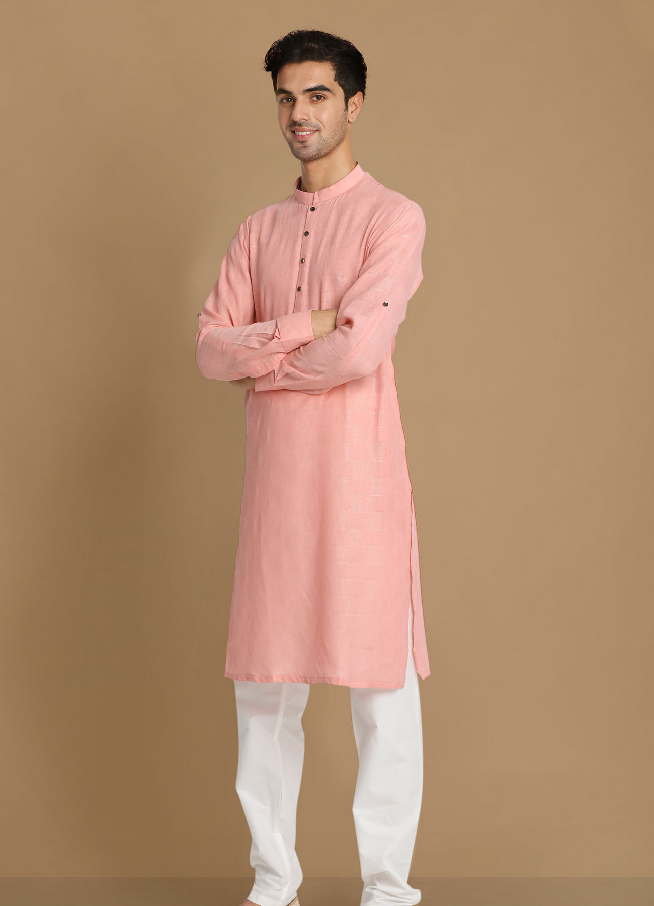 Manyavar Men Salmon Pink Self Chequered Kurta