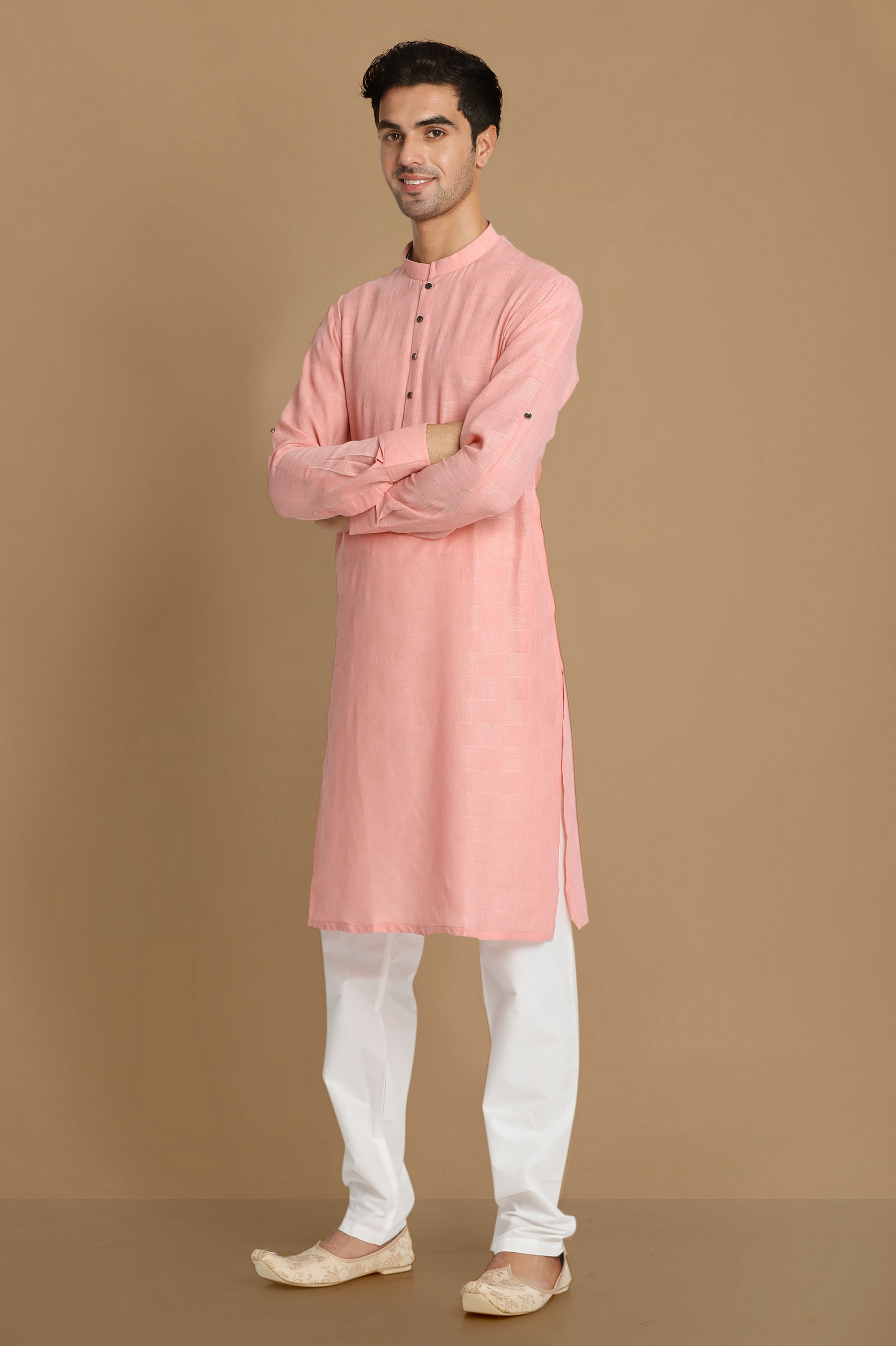 Manyavar Men Salmon Pink Self Chequered Kurta