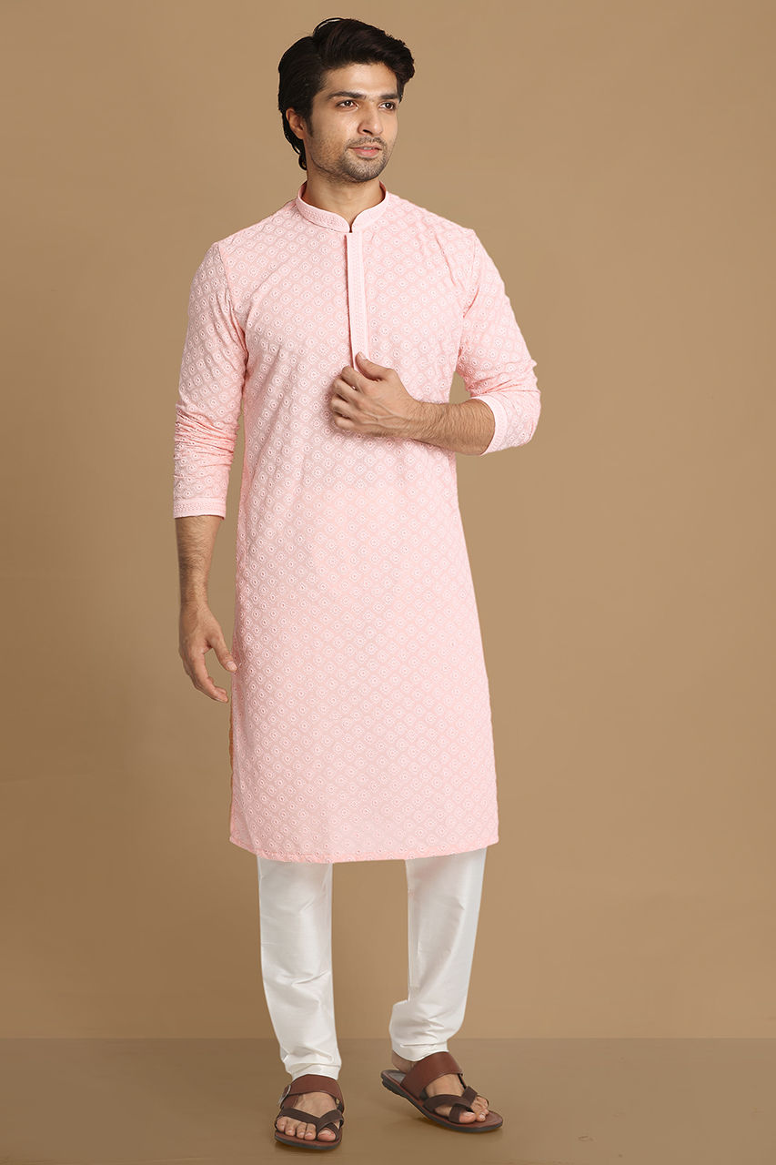 Manyavar Men Light Pink Chikankari Kurta Set