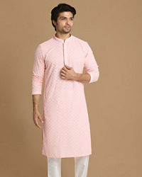 Manyavar Men Light Pink Chikankari Kurta Set