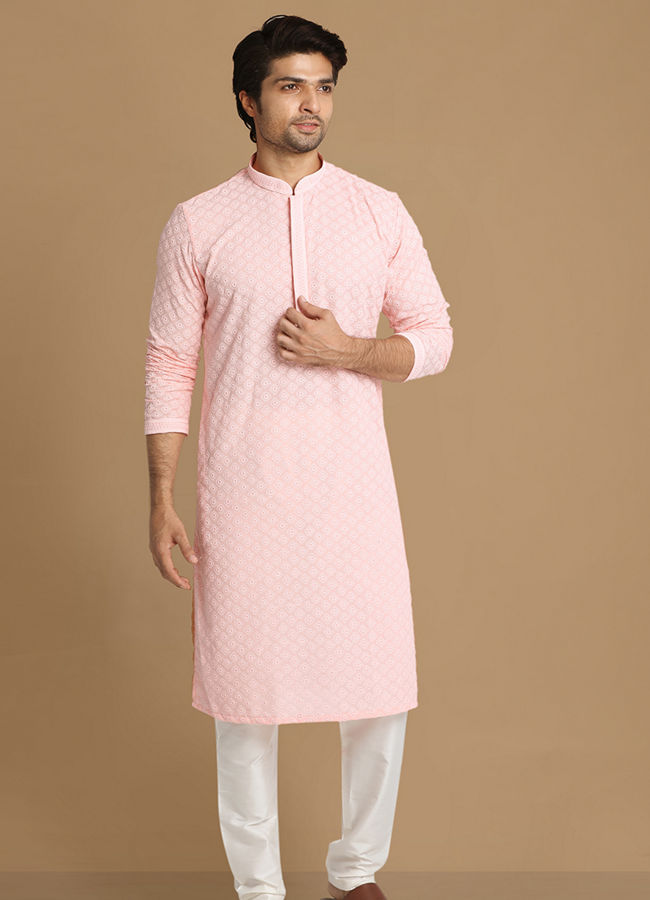 Manyavar Men Light Pink Chikankari Kurta Set image number 1