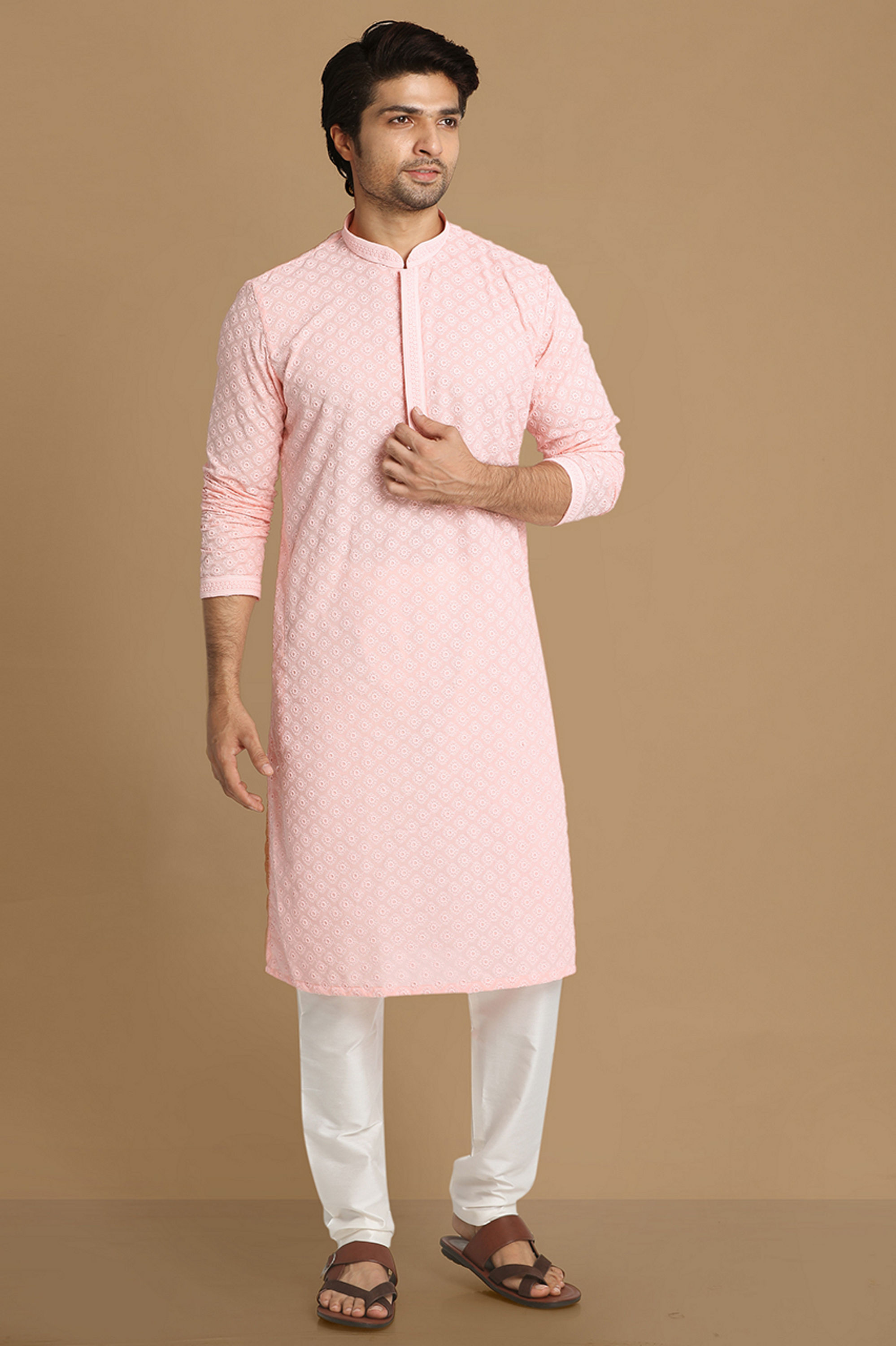 Manyavar Men Light Pink Chikankari Kurta Set