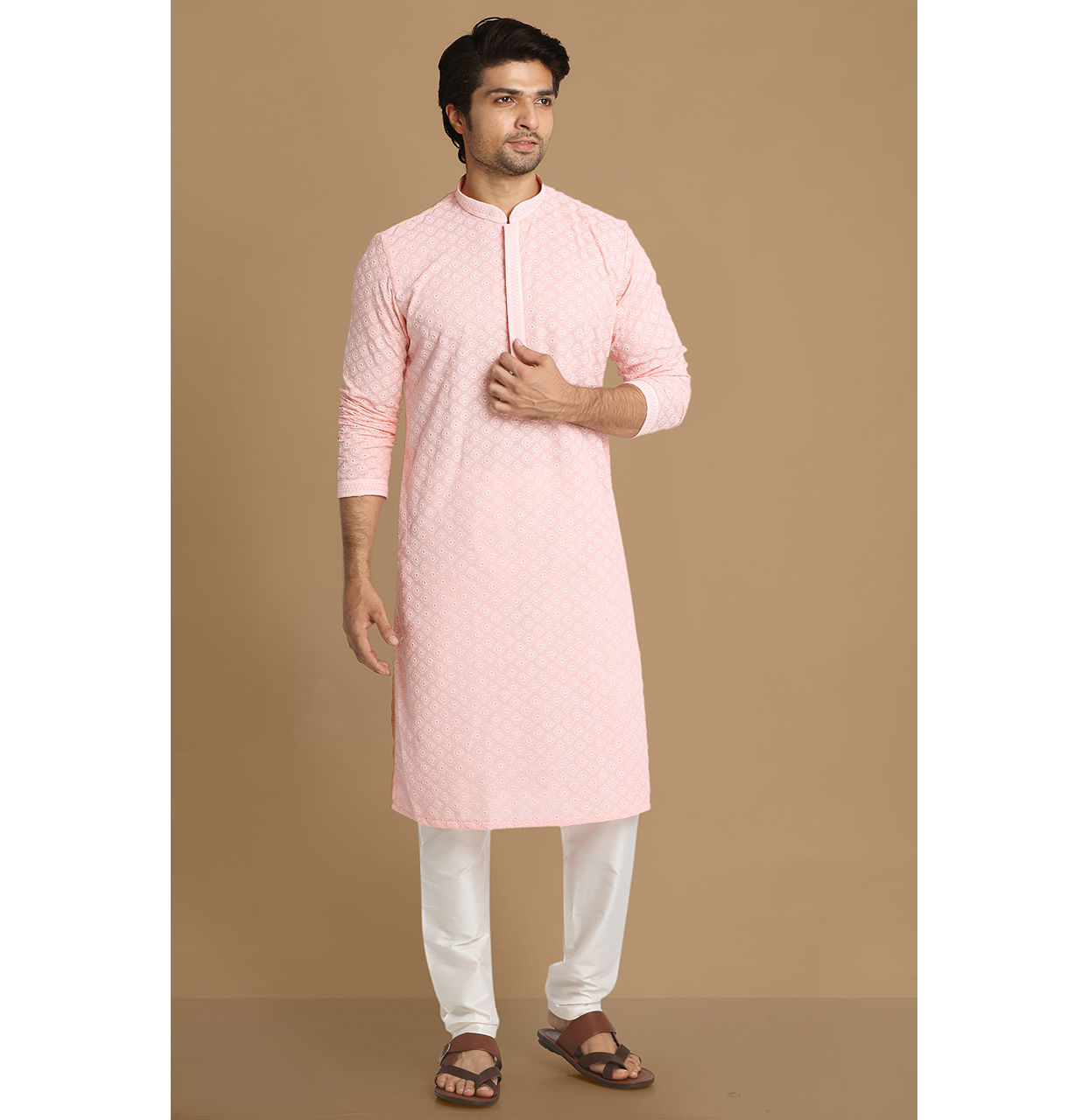 Manyavar Men Light Pink Chikankari Kurta Set image number 1