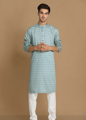 Manyavar Men Sky Blue Printed Kurta