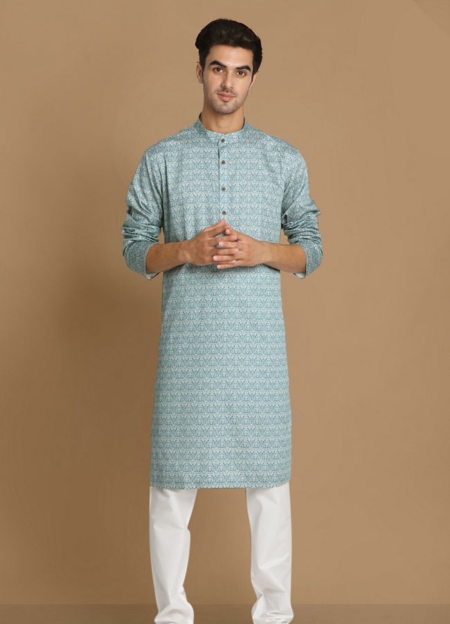 alt message - Manyavar Men Sky Blue Printed Kurta image number 1