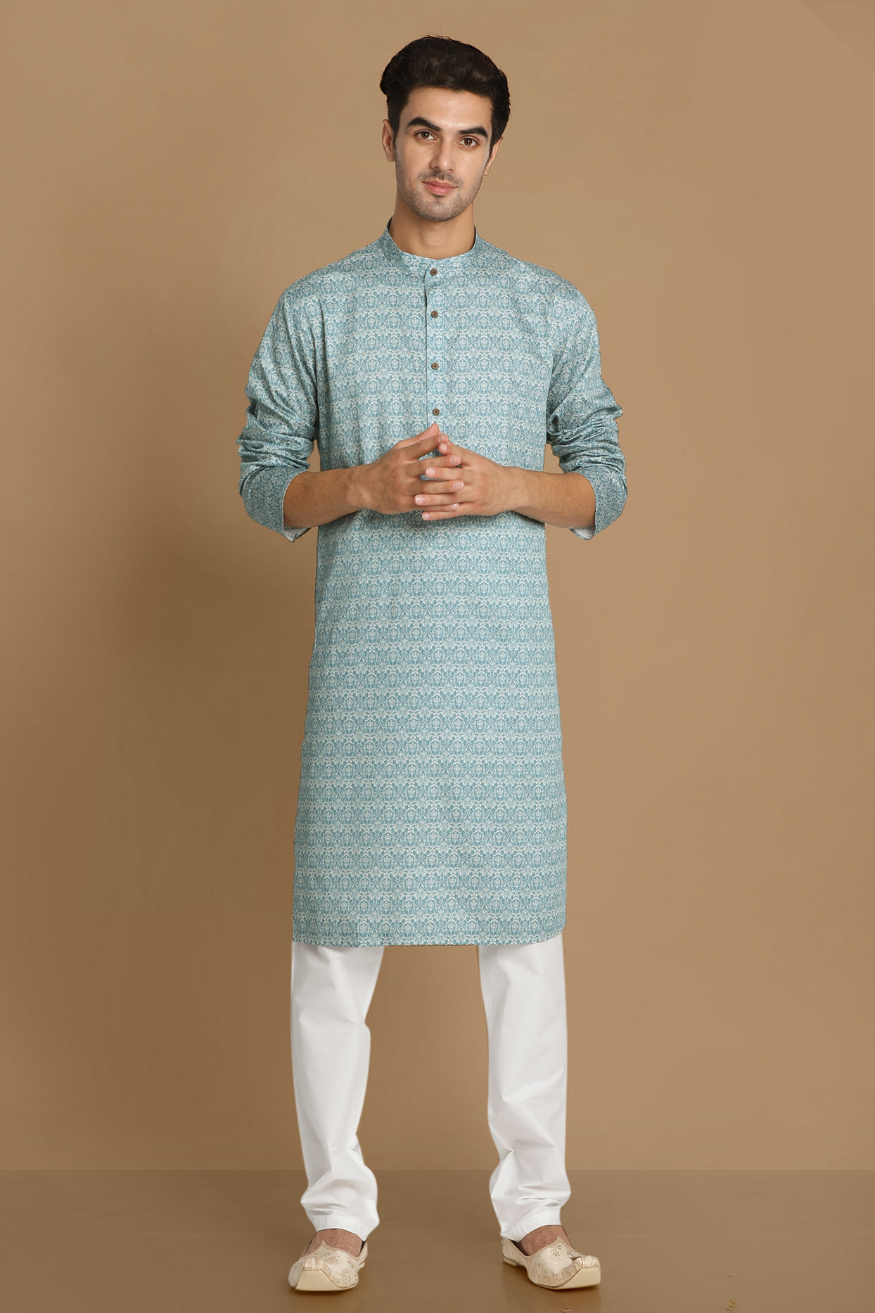 alt message - Manyavar Men Sky Blue Printed Kurta image number 1