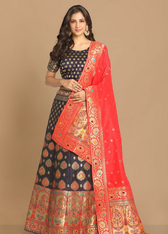 Mohey Women Brilliant Blue Weaved Benarasi Lehenga