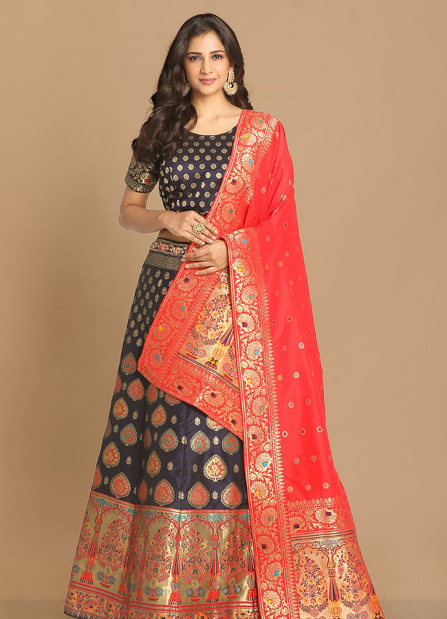 Mohey Women Brilliant Blue Weaved Benarasi Lehenga image number 0