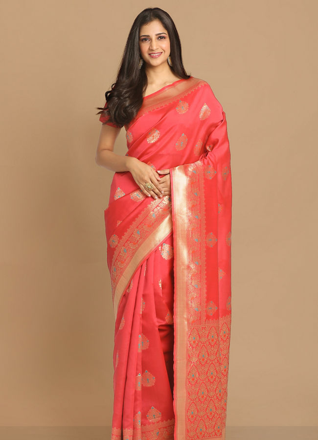 alt message - Mohey Women Pink Weaved Saree image number 0